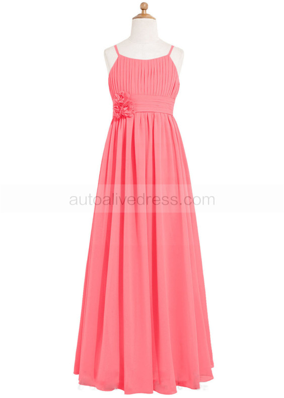 Spaghetti Straps Coral Pleated Chiffon Boho Junior Bridesmaid Dress